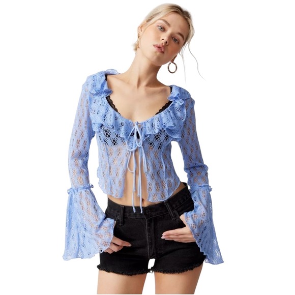Urban Outfitters Lace cardigan‎ sweater Ruffle Trim Bell Sleeve Crop Top Medium - Picture 1 of 10